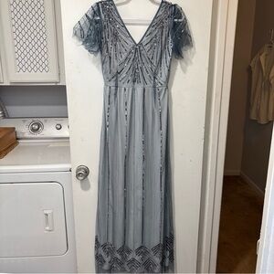 Gatsbylady London Sequins Maxi Gown Beaded Dress Mesh Cap Sleeve Silver Blue 6